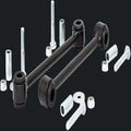 Set of black metal suspension components on a white background