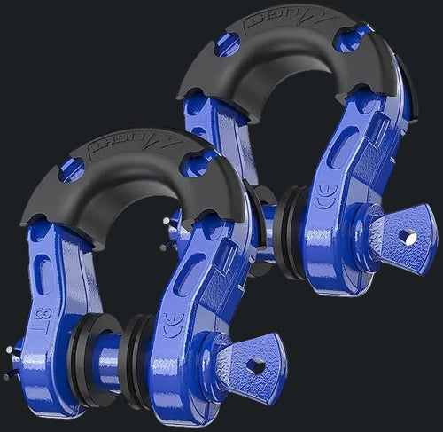 Blue and black shackle with packaging in the background