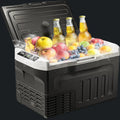 Portable cooler with bottles and fruits inside on a white background