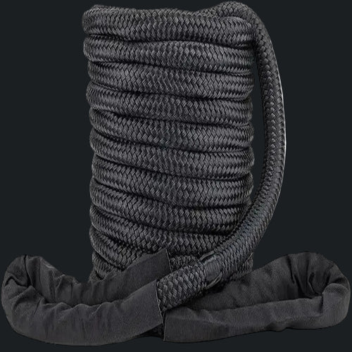 Heavy-duty black recovery rope for offroad vehicles in Lebanon, coiled and ready for use.