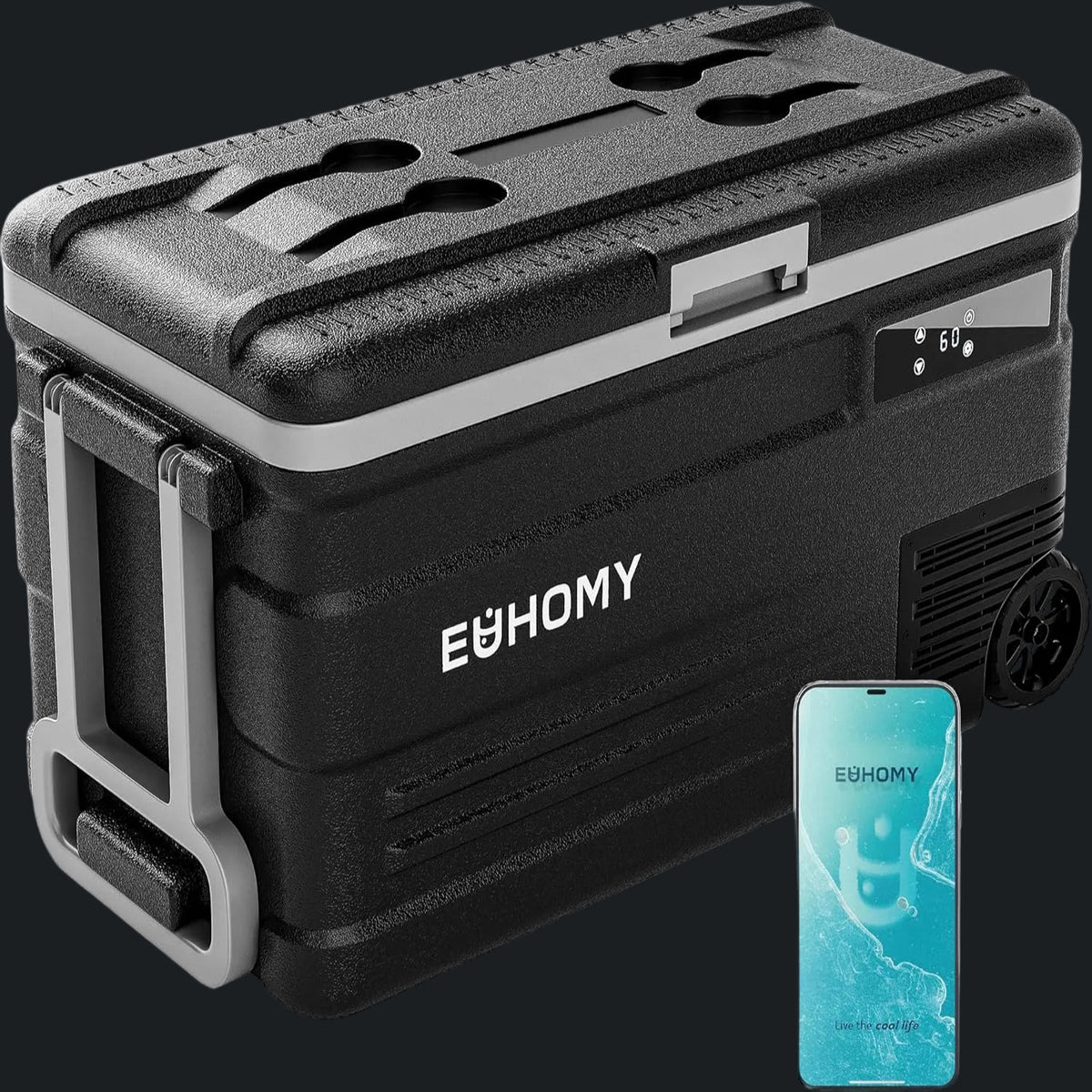 EUHOMY portable cooler with smartphone app icon displayed