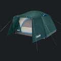 Green camping tent with blue accents on a white background
