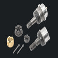 Mechanical components including bearings and screws on a white background