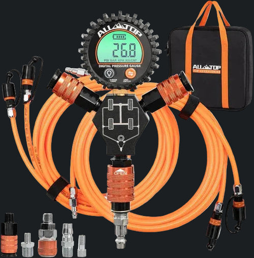 Digital tire inflator kit with orange hoses, pressure gauge, and carry bag for offroad use in Lebanon
