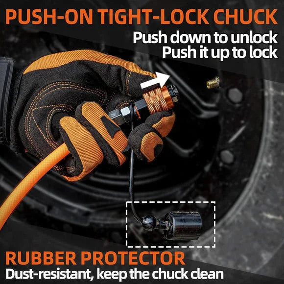 Gloved hand using push-on tight-lock air chuck with rubber protector for offroad tires in Lebanon