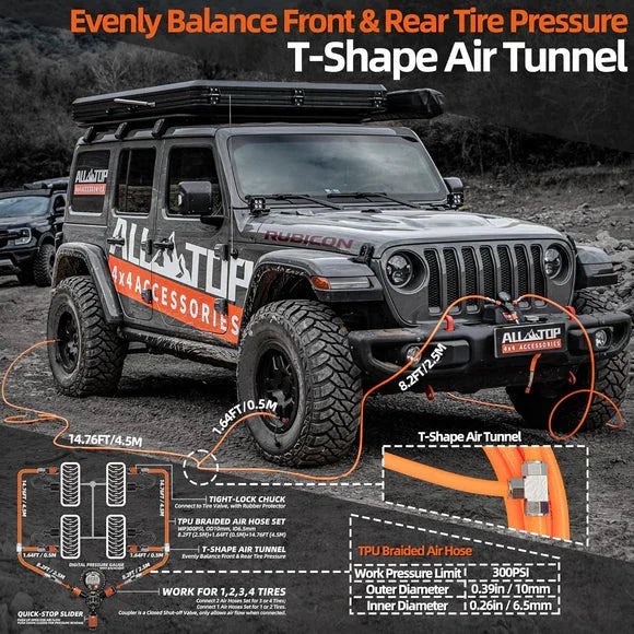 Jeep Wrangler with offroad tires and air hose kit for tire pressure balancing in Lebanon