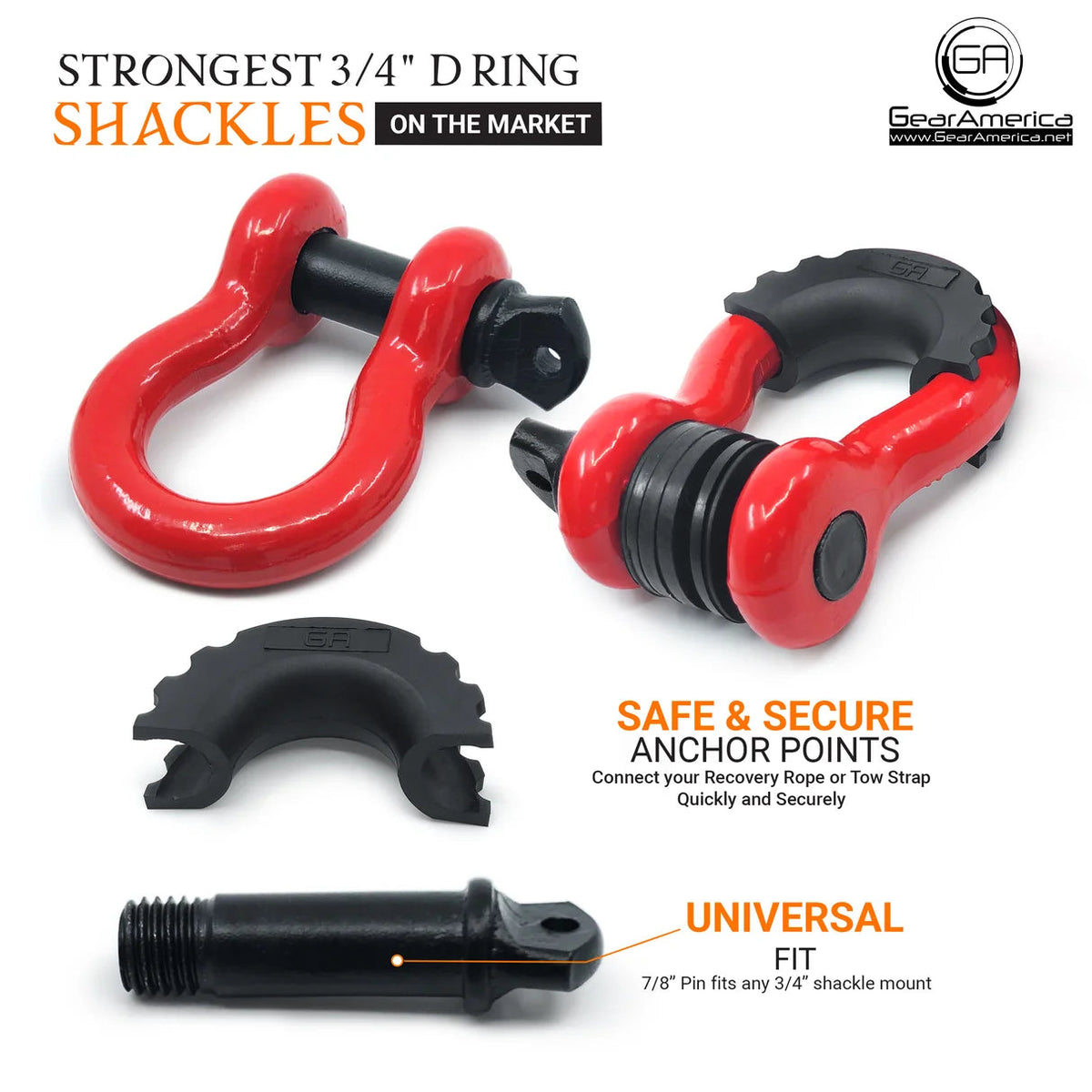 GearAmerica HD-Ring Shackles with Isolators – Red | 58,000 lb Breaking Strength GearAmerica