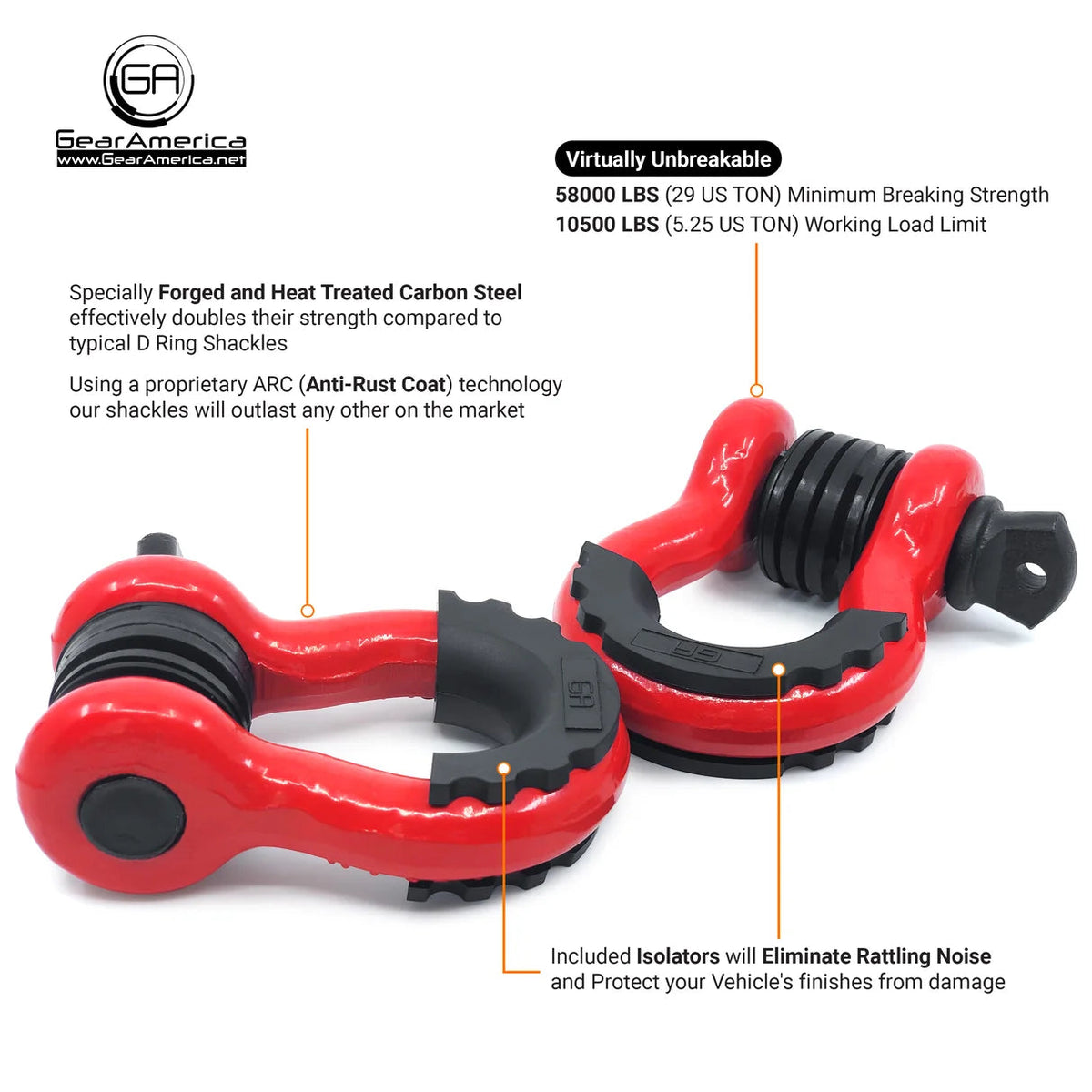 GearAmerica HD-Ring Shackles with Isolators – Red | 58,000 lb Breaking Strength GearAmerica