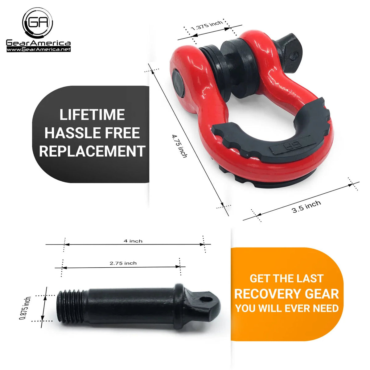 GearAmerica HD-Ring Shackles with Isolators – Red | 58,000 lb Breaking Strength GearAmerica