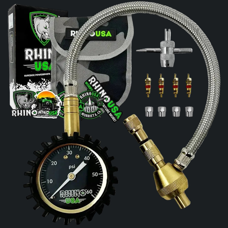 Tire deflator gauge set with hoses, valve tools, caps, and offroad accessories for Lebanon